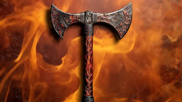 Decorative double-headed axe resting on a fiery background in a stylized display
