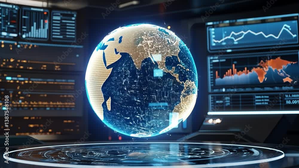 Wall mural a digital holographic globe with ai-powered analytics displayed in a futuristic tech conference room