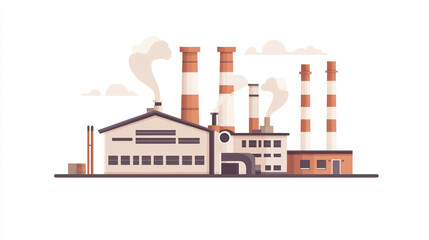 Industrial factory complex, smoke stacks, light beige buildings, horizontal landscape, use in print, marketing, or educational content