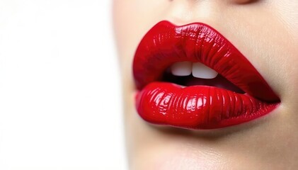 Obraz premium Perfectly applied crimson lip color against pure white, fashion, bold