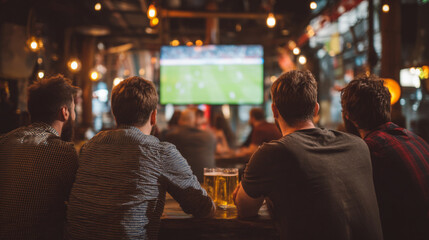 Group of friends watching a game on tv in a bar with beer and bar lights in the background view from behind