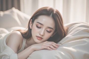 Obraz premium Beautiful Asian Woman Sleeping Peacefully in Bed, Morning Light, Relaxation, Serenity, Healthy Lifestyle, Beauty Sleep