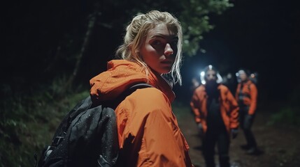 Obraz premium Woman in orange jacket looks back at camera 