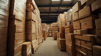 Inside a large warehouse in Tallinn, Estonia, stacks of cardboard boxes are prepared for shipment