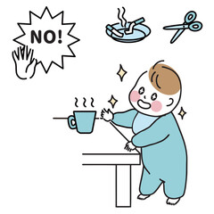 つかまり立ちをして危険なものに手を伸ばす赤ちゃん