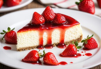 Strawberry-topped cheesecake with fresh berries and rich sauce on a white plate