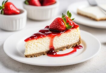 Delicious strawberry cheesecake slice on plate with fresh strawberries and red syrup