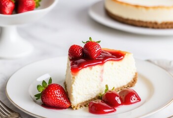 Strawberry topped cheesecake slice on elegant white plate