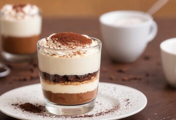 Delicious layered tiramisu dessert in glass with cocoa powder and whipped cream