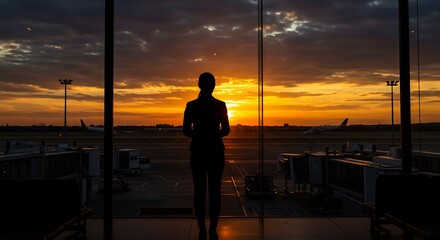 Fototapeta premium Woman Silhouette Looking at Airport Sunset Through Glass Window