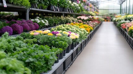 A greenhouse showcases rows of potted flowering plants. Various colorful blooms line shelves, creating a vibrant display. The image is well-lit, high-resolution, and features a clean aesthetic. War