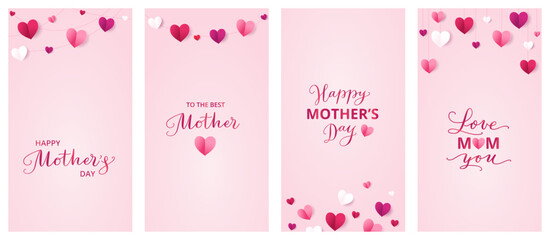 Mother's day cards. Vertical format for social media. Pink paper hearts decoration. Mothers day calligraphy. Love frame, border. String ornaments on rose background. Vector.