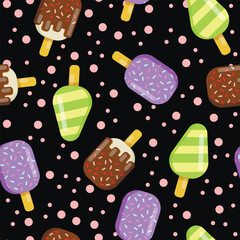 Vector seamless pattern of ice cream. Ice cream with fruit juice. Popsicle on a stick, ice cream with chocolate glaze, sprinkled