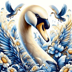 Majestic swan in floral garden surrounded by ornate blue birds and detailed flowers