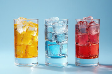 Three glasses: red cocktail, blue soda, yellow lemonade, on wooden table, fresh lime slices garnish, sunny outdoor setting.