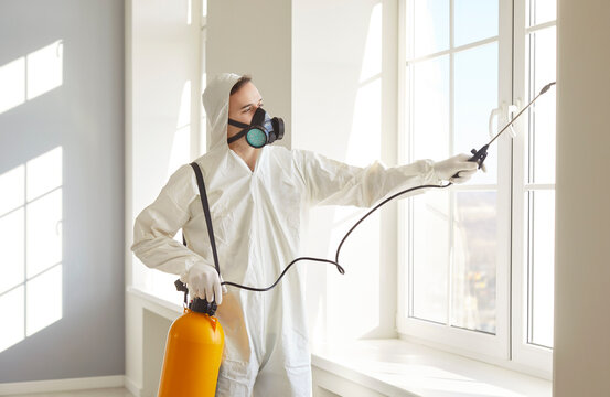 Man wearing protective white ppe suit and face mask disinfecting office workspace or empty apartment and doing pest control with disinfectant spray. Disinfection and protection concept.
