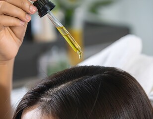Fototapeta premium Close-up of a person applying hair oil with a dropper to the scalp, promoting hair care and wellness.