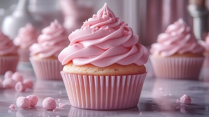Cotton candy-themed cupcakes, soft swirls of fluffy pink topping, pastel aesthetic, isolated on a transparent background, high macro detail, playful dessert styling.