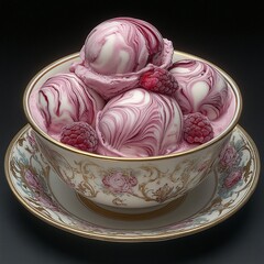 Dark chocolate and raspberry swirl ice cream, placed in a fine china cup, high contrast colors, elegant and rich.