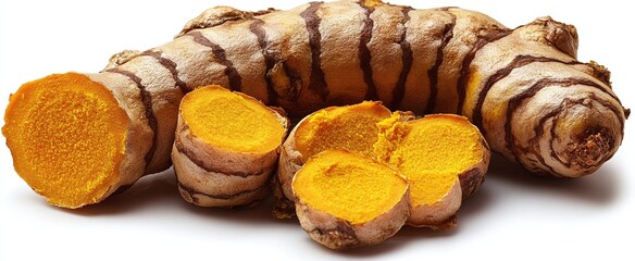 Close-up of vibrant turmeric root, golden yellow color, detailed surface, isolated