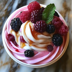 Frozen yogurt swirl in a cup, topped with fresh berries and honey drizzle, health-conscious yet indulgent dessert.