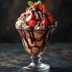 Ice cream sundae in a glass goblet, vanilla scoops topped with fresh strawberries and chocolate sauce, whipped cream swirl, gourmet presentation.