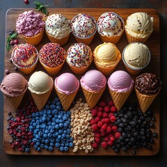 Ice cream-themed composition with various scoops, cones, and toppings arranged artistically on a wooden board, vibrant colors, high macro detail.