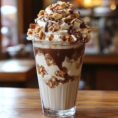 Ice cream sundae in a tall glass, layers of chocolate and vanilla, topped with caramelized nuts, rich and indulgent.