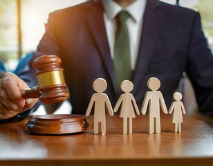 A lawyer holding a gavel over a family figurine on a wooden desk, symbolizing family law or divorce proceedings.