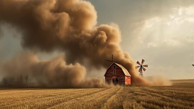 Dust Storm Fury Over the Farm: A dramatic scene of nature's raw power unfolds, as a massive dust storm engulfs a rustic red barn and weathered windmill in an open field, against a stormy sky.