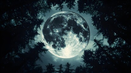 Naklejka premium A colossal moon encircled by the silhouettes of towering trees, accentuating its mesmerizing details and lunar brilliance.
