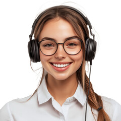 A portrait of a smiling Caucasian woman, aged 20-25, working as a support or call center employee. She wears glasses and a headset with a microphone, isolated on a transparent background