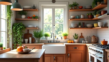 cozy and rustic modern kitchen decor with natural light, wooden shelves, plants, and stylish kitchenware, creating a warm and inviting atmosphere for home cooking