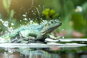 Obraz premium Lizard is swimming in a pond