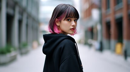 ピンクのインナーカラーが印象的な都会の女性