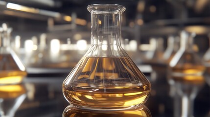 Laboratory flask filled with amber liquid