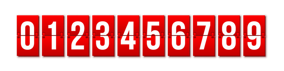Flip countdown numbers set. Red flipboard display with numbers from 0 to 9 isolated on white background. Vector illustration in design of old-fashioned analog scoreboard or airport departure board.