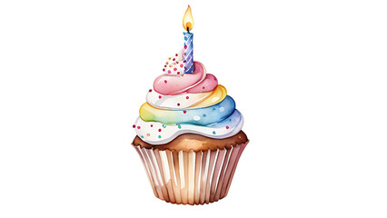 Colorful Watercolor Cupcake with Candle Celebrating Birthday or Special Occasion