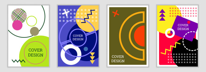 Obraz premium Bright background in Memphis style. Set of geometric cover designs. Fashionable bright cover, banner, poster, booklet. Bright colors. Vector