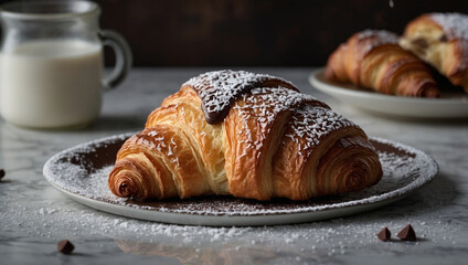Warm Croissant Filled with Melted Chocolate and Sprinkled with Snow Sugar