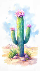Blooming cactus in watercolor style with desert background
