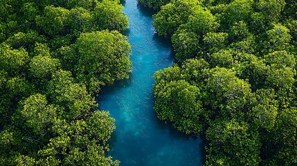 Fototapeta premium Emerald Embrace: An aerial view showcases the serene meeting of a flowing river and a vibrant green forest, crafting an evocative scene of nature's harmony.
