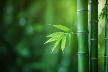 Bamboo plant with lush green leaves in sunlight against a clear blue sky.