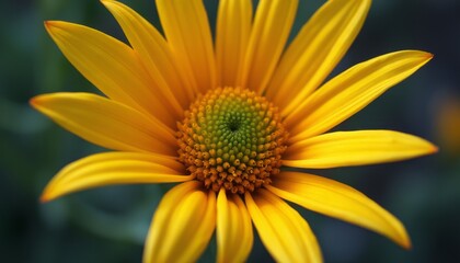 Fototapeta premium A stunning close-up of a vibrant yellow flower showcases its delicate petals radiating outward from a mesmerizing green center. This image captures the essence of natures beauty, inviting viewers to
