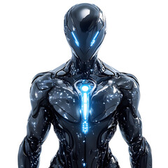 Humanoid Robot with Holographic Armor and Glowing Blue Eyes Isolated on Transparent Background