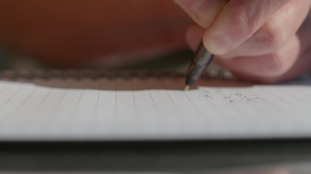 Close shot with shallow depth of field of a man&rsquo;s fingertips holding a pen and writing left-handed in a lined note pad.
