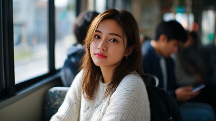 Fototapeta premium バスの座席に座る女性