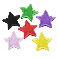 A Colorful embroidered star patches various shades including green, purple, black, red, yellow, and pink are arranged playful pattern. These vibrant patches can be used for decoration or crafting