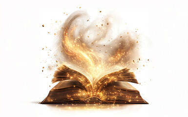 A book is open to a page with a bright yellow flame on it. The flame is surrounded by a cloud of glitter, creating a magical and mystical atmosphere. The book appears to be a fantasy novel