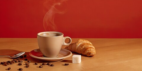 Beige cup of coffee and croissant on wooden table with red background. On the table are scattered coffee beans, cube of sugar and spoon.